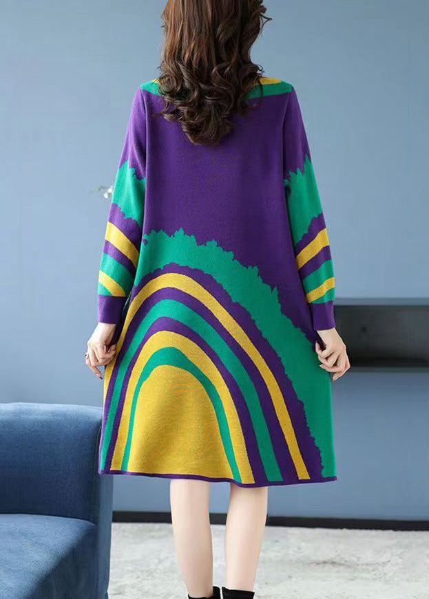 Loose Purple Print Cozy Knit Mid Dress Long Sleeve