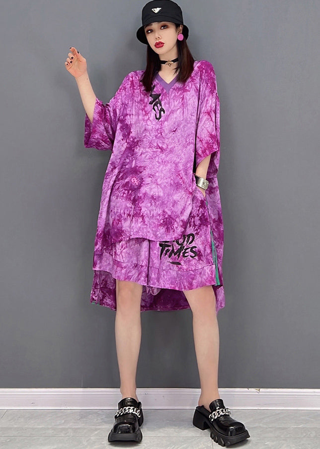 Loose Purple Red V Neck Tie Dye Low High Design Chiffon Two Piece Set Summer