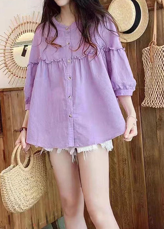 Loose Purple Ruffled Button Patchwork Linen Shirt Spring
