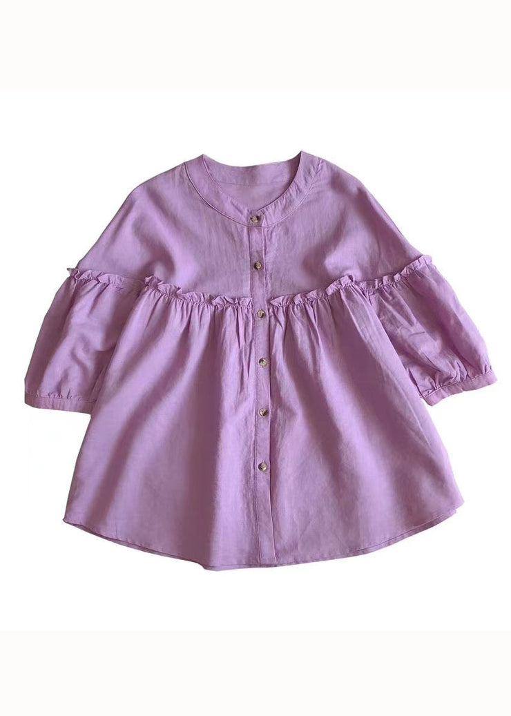 Loose Purple Ruffled Button Patchwork Linen Shirt Spring