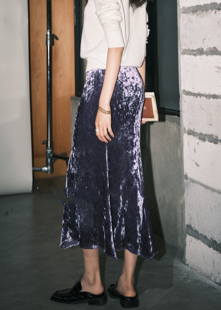 Loose Purple Solid High Waist Silk Velvet Skirts Spring