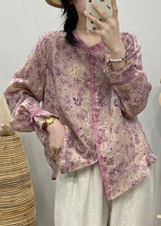 Loose Purple Stand Collar Print Patchwork Linen Shirts Fall