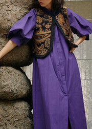 Loose Purple Stand Collar Wrinkled Maxi Dress Lantern Sleeve