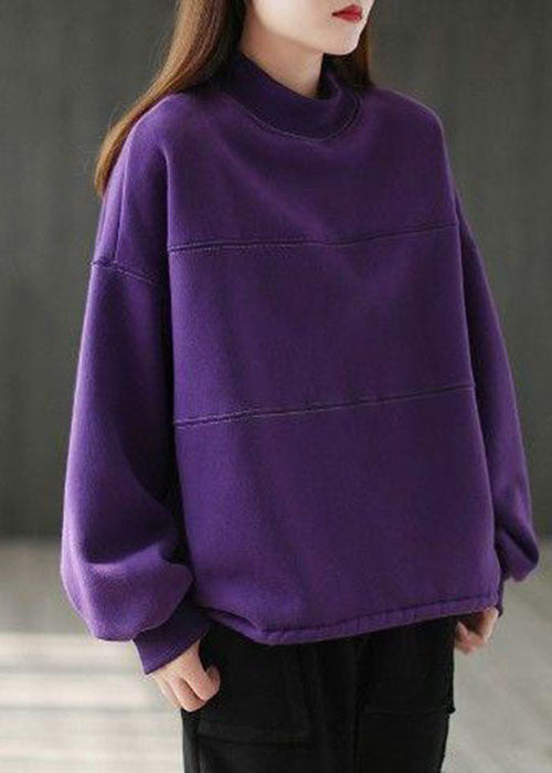 Loose Purple Turtle Neck Patchwork Warm Fleece Sweatshirts Top Winter