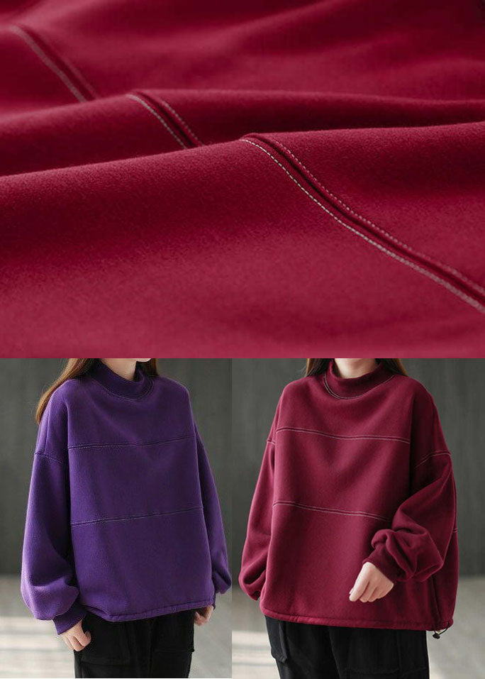 Loose Purple Turtle Neck Patchwork Warm Fleece Sweatshirts Top Winter