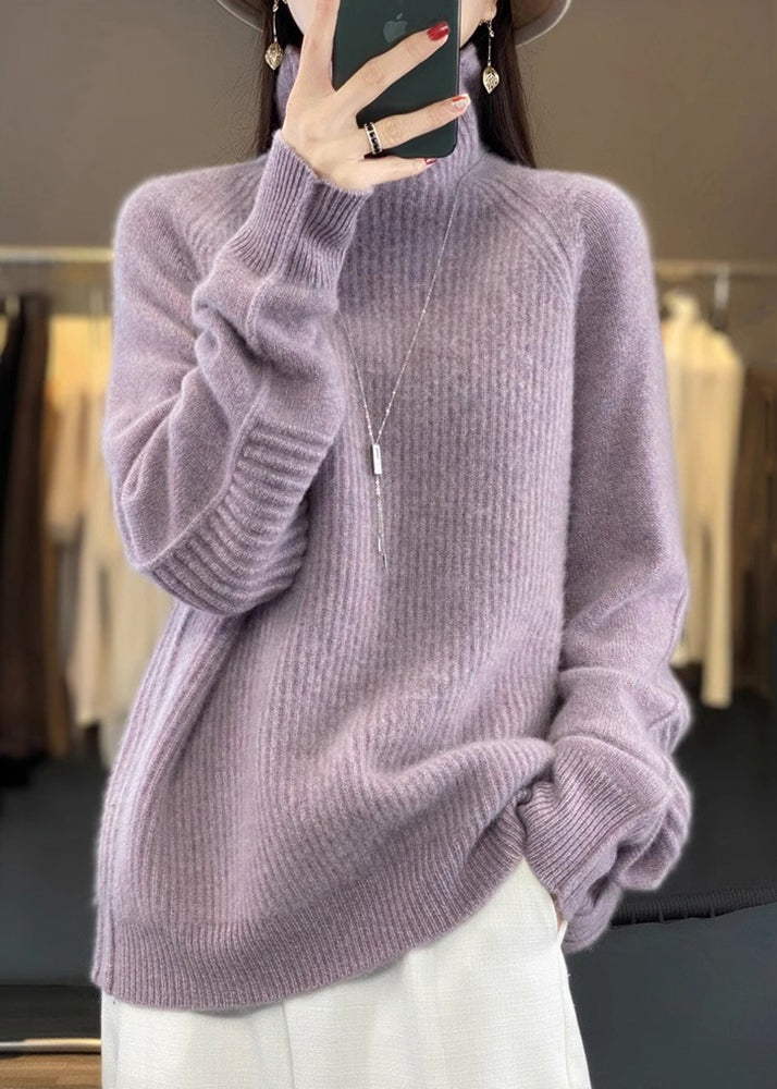 Loose Purple Turtleneck Cozy Cotton Knit Sweaters Long Sleeve
