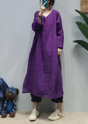 Loose Purple V Neck side open Embroidered pocket Linen Dresses Long Sleeve