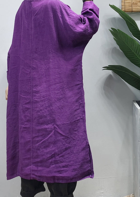 Loose Purple V Neck side open Embroidered pocket Linen Dresses Long Sleeve