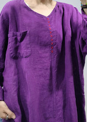 Lose lila V-Ausschnitt seitlich offen bestickte Tasche Leinenkleider mit langen Ärmeln