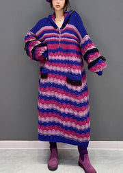 Loose Purple Zippered Striped Hooded Knit Maxi Sweater Dress Winter