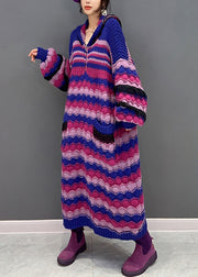 Loose Purple Zippered Striped Hooded Knit Maxi Sweater Dress Winter