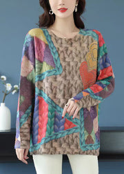 Loose Rainbow O Neck Print Patchwork Wool Knit Tops Spring