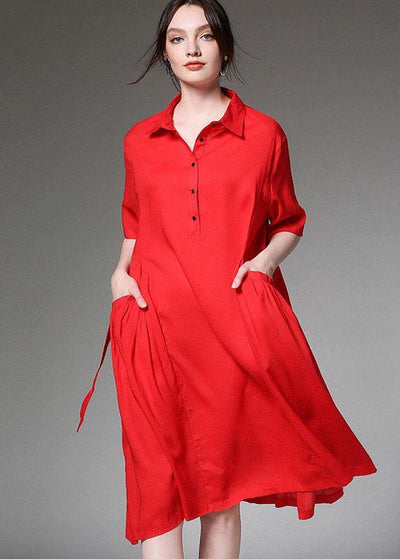 Loose Red Asymmetrical Design Tie Waist Spring Half Sleeve Holiday Dress - SooLinen