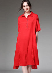 Loose Red Asymmetrical Design Tie Waist Spring Half Sleeve Holiday Dress - SooLinen