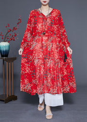 Loose Red Cinched Patchwork Print Chiffon Maxi Dress Spring
