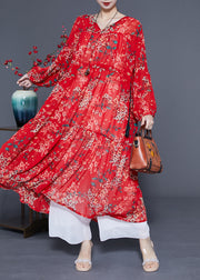 Loose Red Cinched Patchwork Print Chiffon Maxi Dress Spring