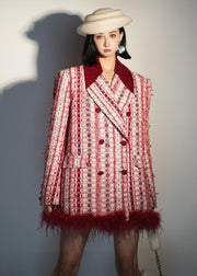 Loose Red Double Breast Fluffy Patchwork Cotton Coats Winter