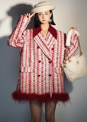 Loose Red Double Breast Fluffy Patchwork Cotton Coats Winter