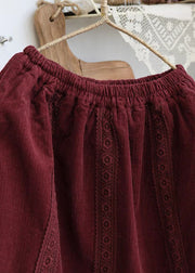 Loose Red Elastic Waist Lace Patchwork Corduroy Skirt Spring