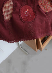 Loose Red Elastic Waist Lace Patchwork Corduroy Skirt Spring