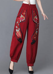 Loose Red Embroidered Floral Pockets  Linen Lantern Pants Fall