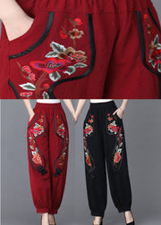 Loose Red Embroidered Floral Pockets  Linen Lantern Pants Fall