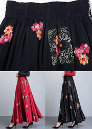 Loose Red Embroidered High Waist Patchwork Cotton Skirt Fall