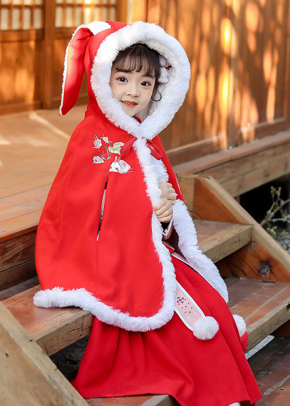 Loose Red Embroidered Kids Hooded Cloak Winter