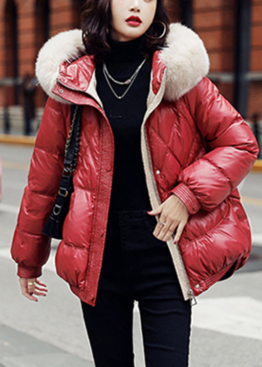 Loose Red Fur Collar Hooded Duck Down Coats Winter