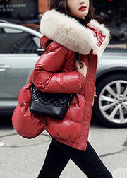 Loose Red Fur Collar Hooded Duck Down Coats Winter