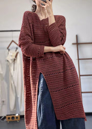 Loose Red Hollow Out Side Open Knit Long Top Fall