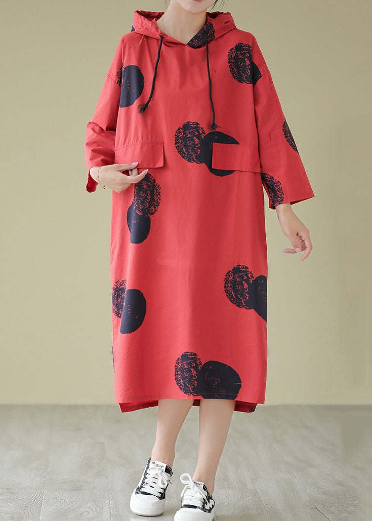 Loose Red Hooded Dot Print Cotton Dress Fall