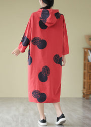 Loose Red Hooded Dot Print Cotton Dress Fall