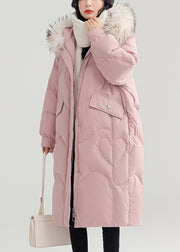Loose Red Hooded Pockets Patchwork Duck Down Long Coats Winter