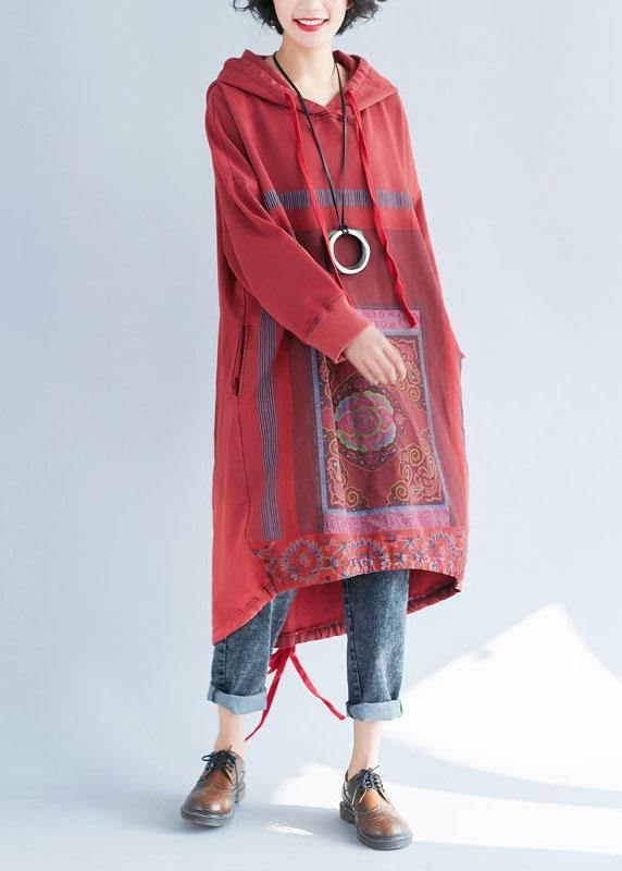Loose Red Hooded Print Asymmetrical Design Fall Pullover Dress - SooLinen