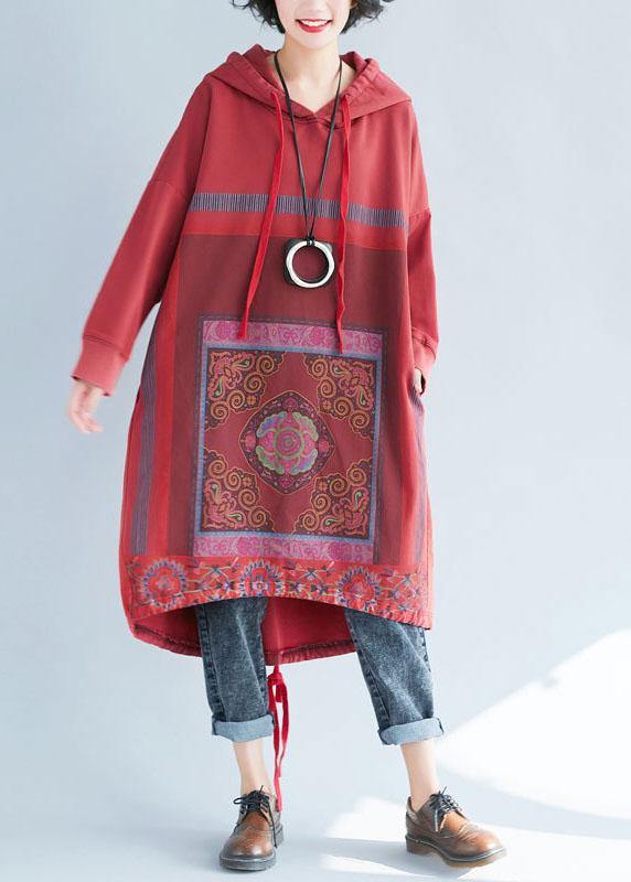 Loose Red Hooded Print Asymmetrical Design Fall Pullover Dress - SooLinen
