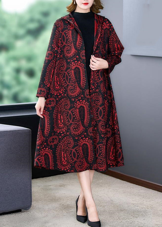 Loose Red Hooded Print Pockets Patchwork Cotton Long Coats Fall