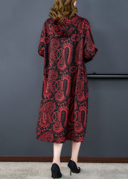 Loose Red Hooded Print Pockets Patchwork Cotton Long Coats Fall