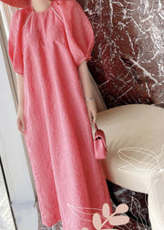 Loose Red O-Neck Floral Silk Maxi Dresses Puff Sleeve
