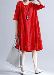 Loose Red O-Neck Hollow Out Lace Summer Party Dress Half Sleeve - SooLinen