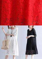 Loose Red O-Neck Hollow Out Lace Summer Party Dress Half Sleeve - SooLinen