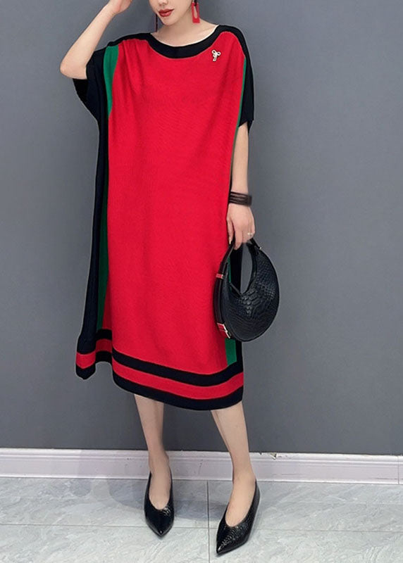 Loose Red O-Neck Knit Sweater Dresses Short Sleeve