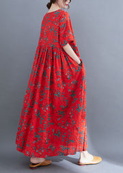 Loose Red O-Neck Print Exra Large Hem Wrinkled Cotton Holiday Dress Short Sleeve