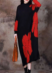 Loose Red O Neck Print Knitting Cotton Long Dresses Spring