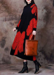 Loose Red O Neck Print Knitting Cotton Long Dresses Spring