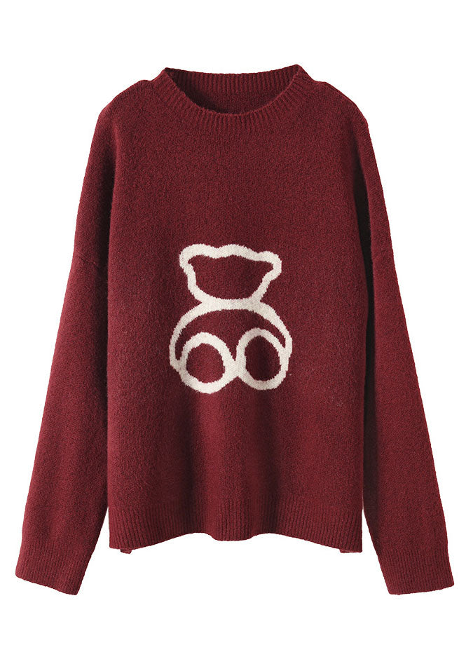 Loose Red O-Neck Print Woolen Sweaters Spring