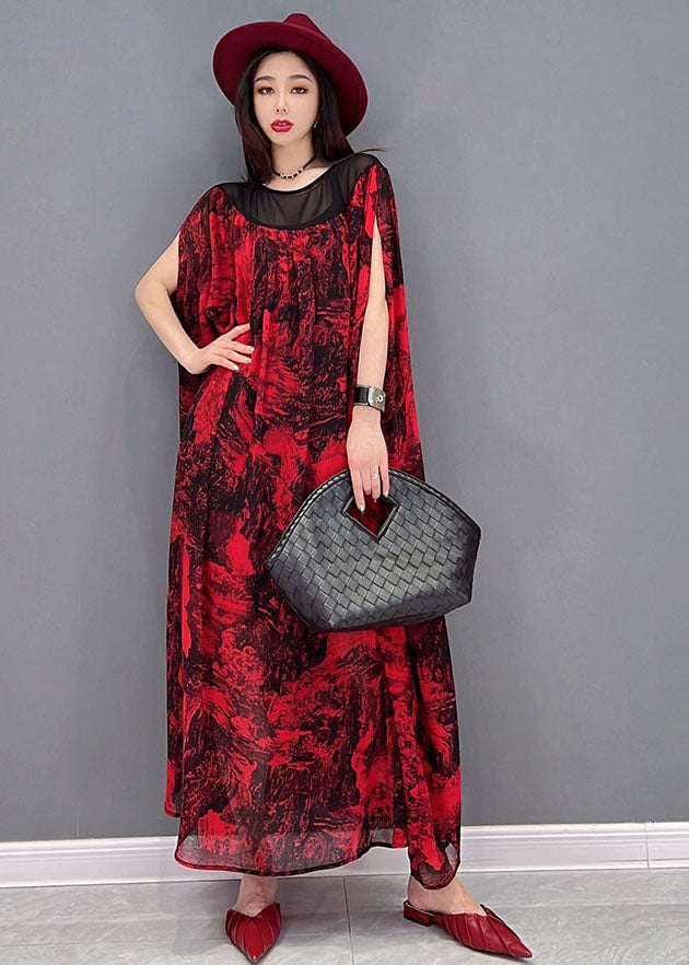 Loose Red Oversized Patchwork Print Chiffon Beach Dress Batwing Sleeve