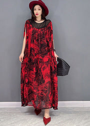 Loose Red Oversized Patchwork Print Chiffon Beach Dress Batwing Sleeve