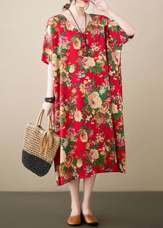 Loose Red Oversized Print Cotton Maxi Dresses Summer