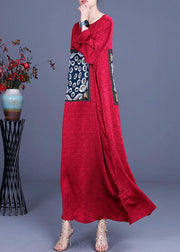 Loose Red Patchwork Print Dress Loose Silk Summer Maxi Dress - SooLinen